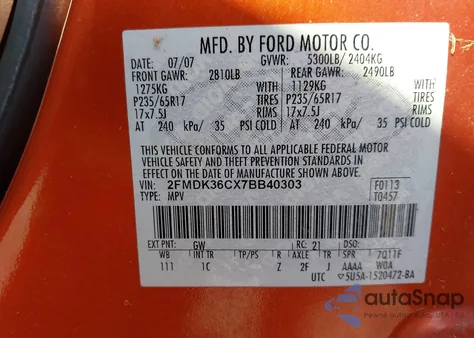 2007 Ford Edge Se from USA, damaged, VIN 2FMDK36CX7BB40303